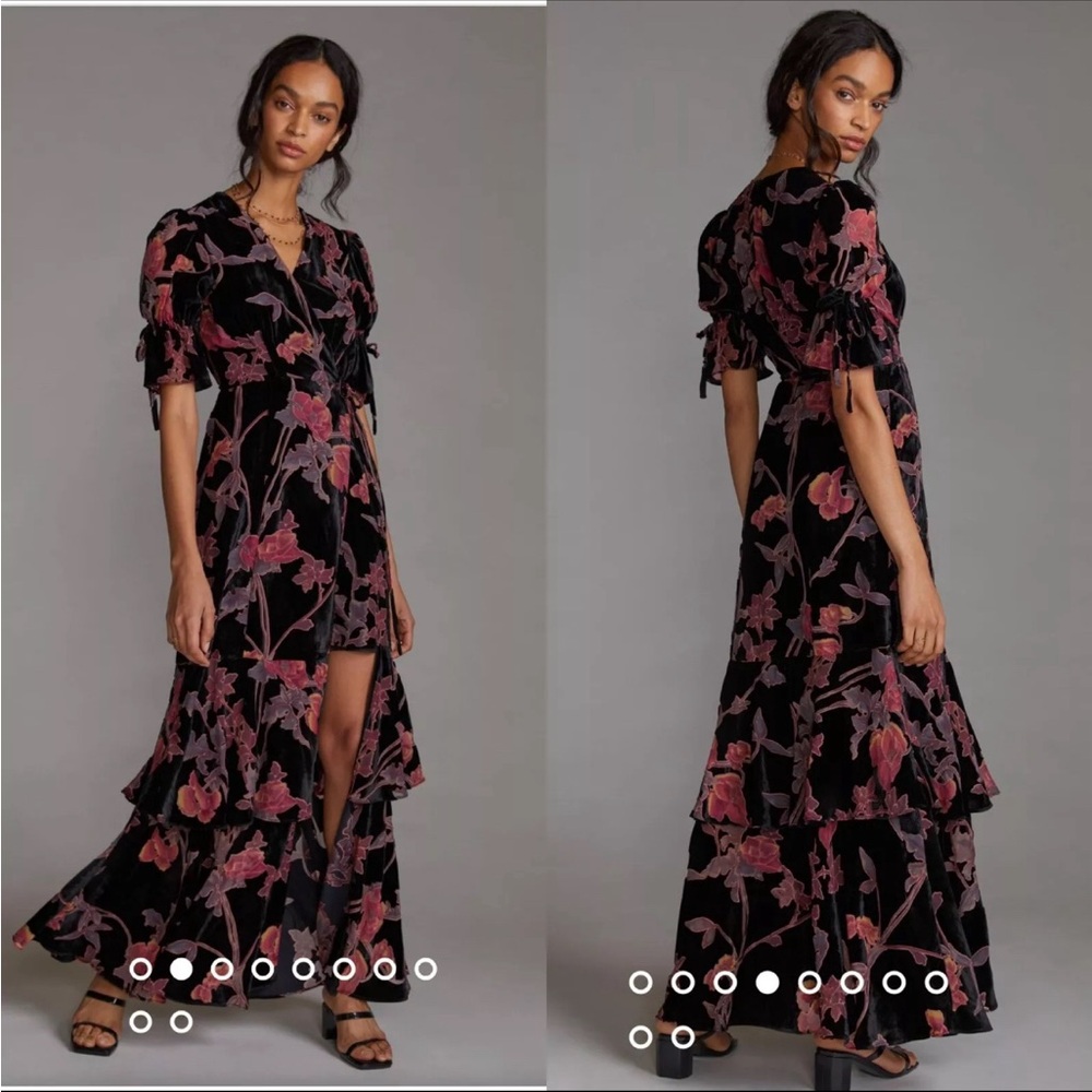 NWT Anthropologie Hutch Velvet Wrap Maxi Dress Floral Short Sleeve Vneck